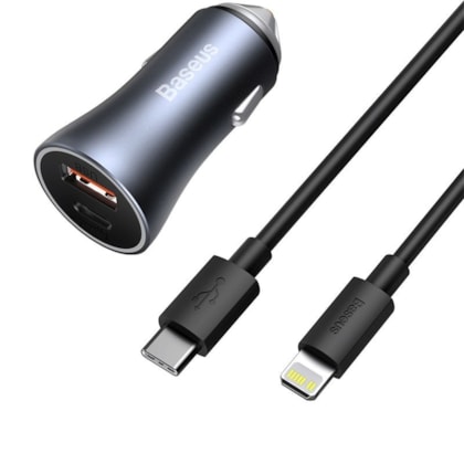 Kit Fonte De Carro + Cabo Tipo C + Lightning 1M 40W Baseus Golden
