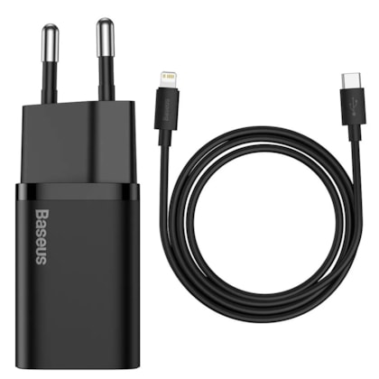 KIT FONTE TIPO C + CABO TIPO C PARA LIGHTNING SUPER SI QUICK CHARGER 20W 1M BASEUS (TZCCSUP-B01)