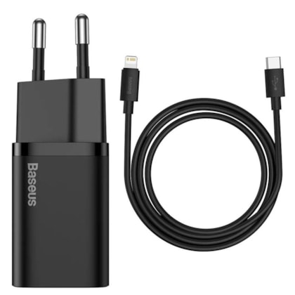 KIT FONTE TIPO C + CABO TIPO C PARA LIGHTNING SUPER SI QUICK CHARGER 20W 1M BASEUS (TZCCSUP-B01)