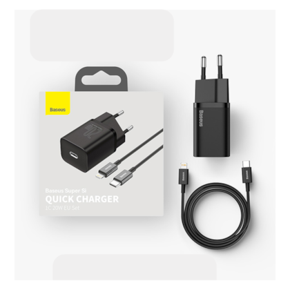KIT FONTE TIPO C + CABO TIPO C PARA LIGHTNING SUPER SI QUICK CHARGER 20W 1M BASEUS (TZCCSUP-B01)