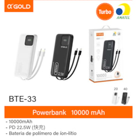 Power Bank 10000Mah Turbo 22.5W 3 Saída USB + Tipo C com Visor e Cabos Tipo C + iPhone A'Gold BTE-33